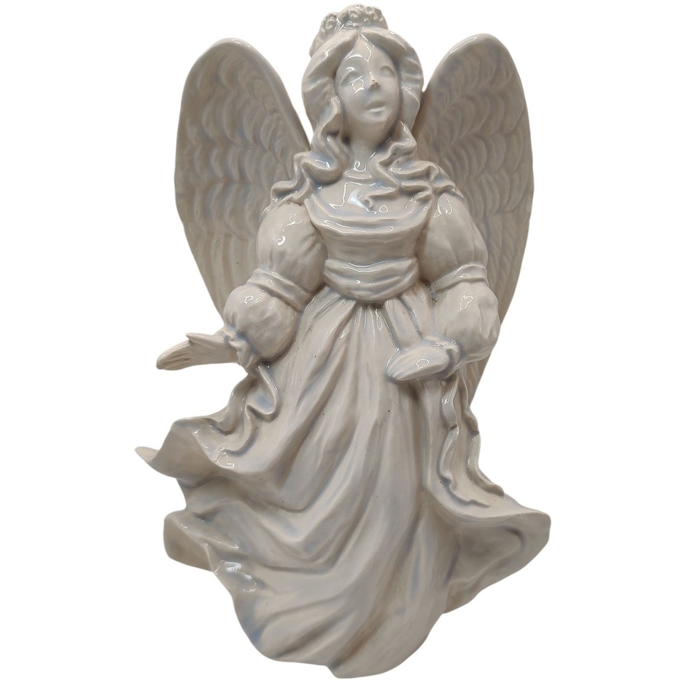 Vintage Ceramic Angel Statue‎ Figurine Ivory Hint of Blue 1990s Handmade SEE